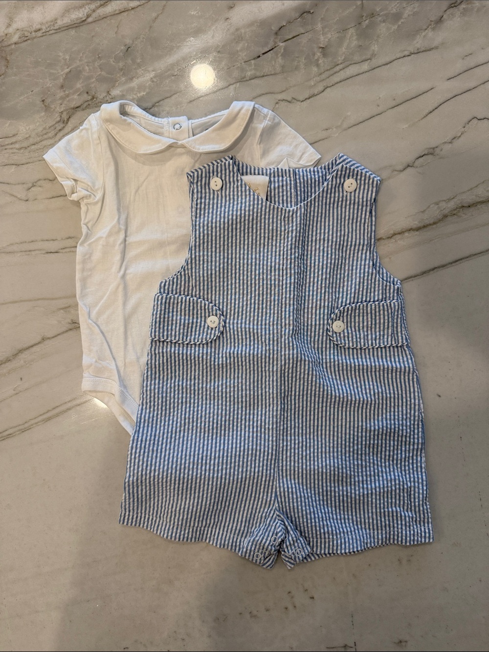 Petit Ami Blue Stripe Seersucker Romper with White Bodysuit